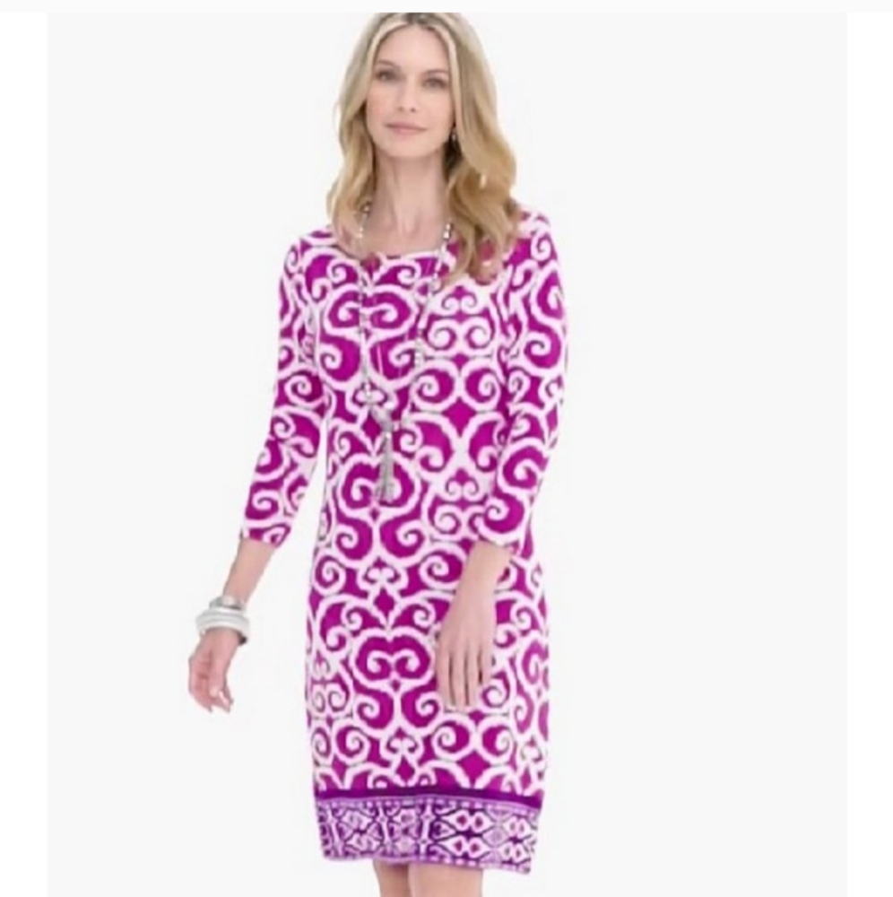Chicos Travelers IKAT Print Slinky Knit‎ Resortwear Vacation Travel Dress M